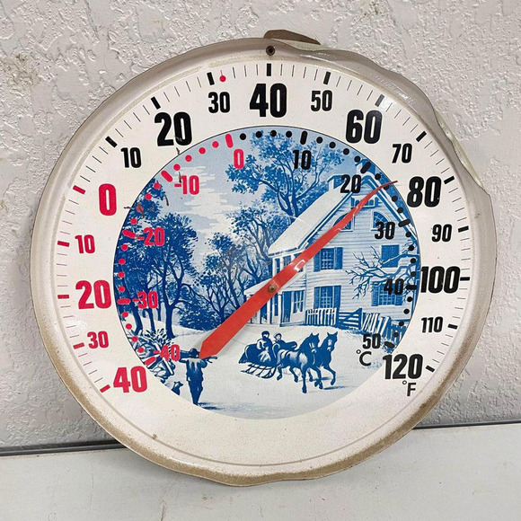 Vtg Outdoor Thermometer Mid Century Modern MCM Currier & Ives Round Metal Wall - Picture 1 of 3